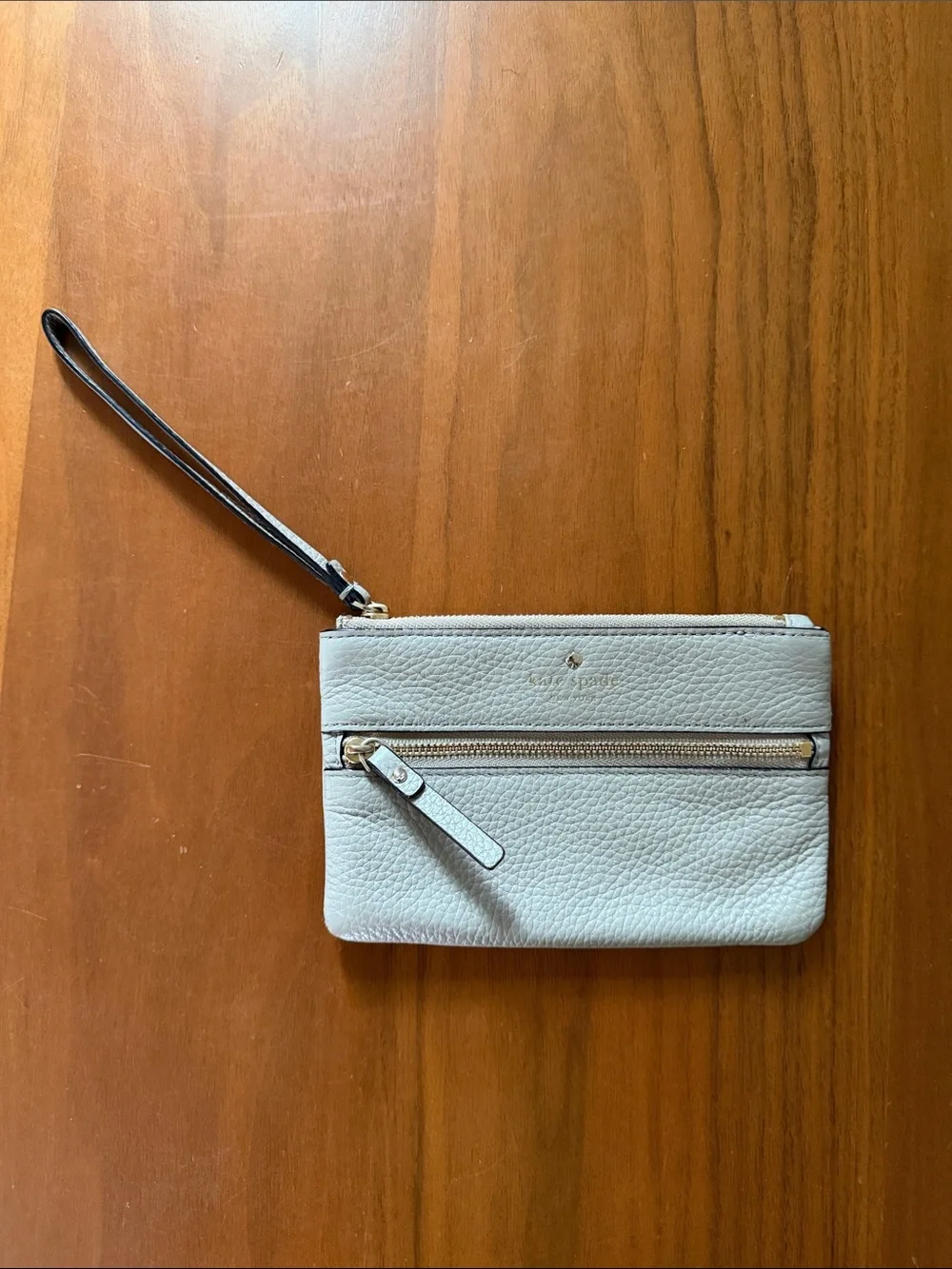 kate spade Pebbled Leather Wristlet in Light Gray with Gold Hardware